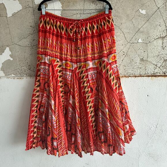 CB Boho Red Pleated Festival Midi Skirt Global Print Cotton Y2K Revival Size L - Picture 1 of 6